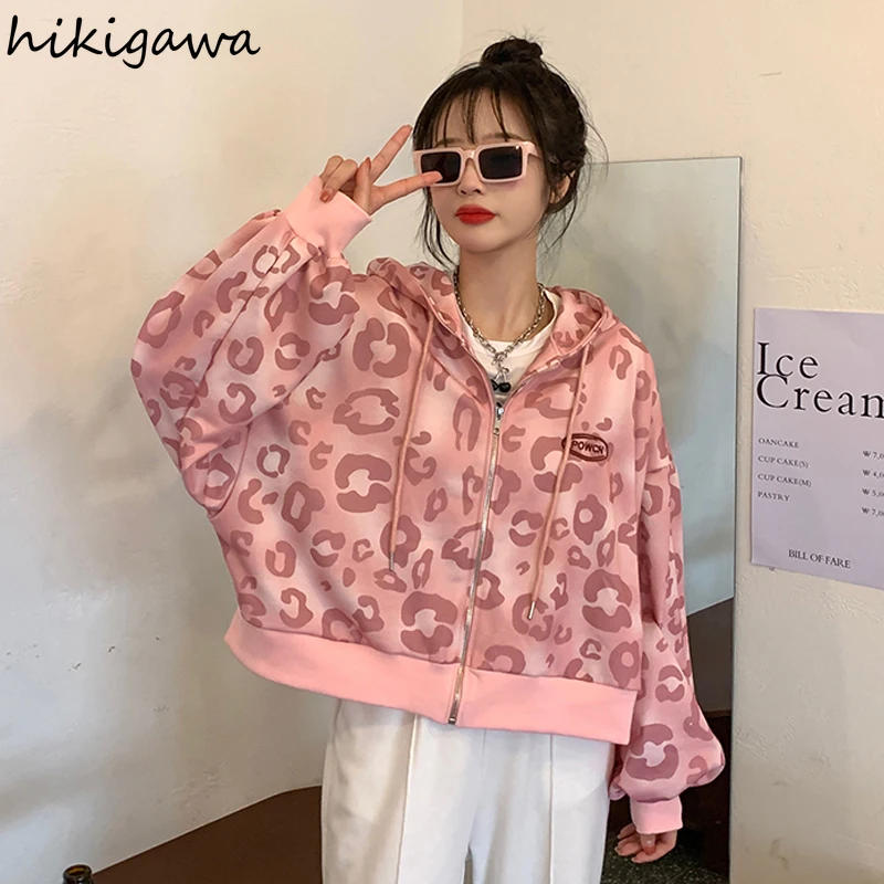 Hikigawa Sweet Pink Leopard Print Hoodies Women 2023 Ropa De Mujer Fashion Zip-up Coat Loose Casual Short Sweatshirts Tops Femme