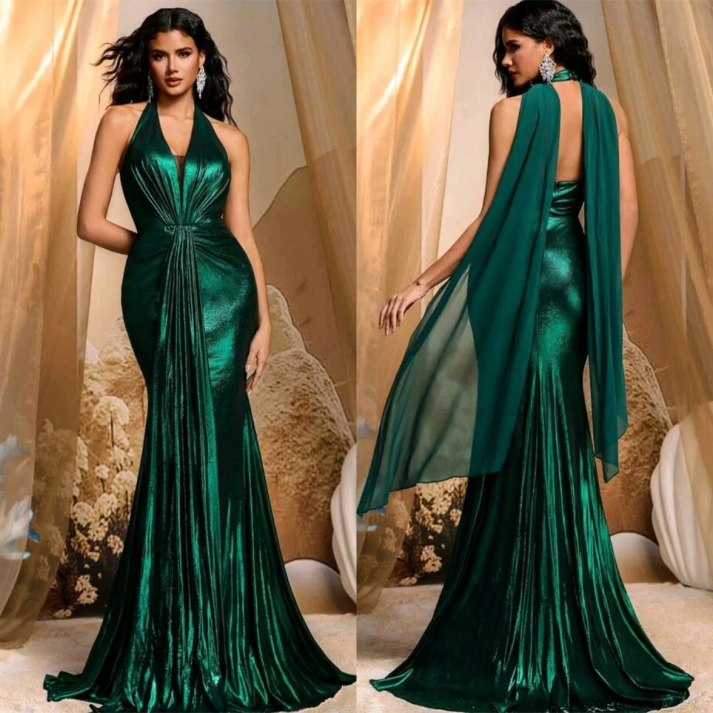 

Customized Delicate Green Satin Celebrity Gowns Fashion V-Neck Spaghetti Straps Spaghetti Straps Mermaid Backless Robe de soi