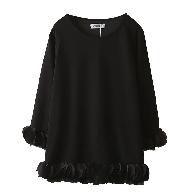 패션 플러스 사이즈 여성 티셔츠 가을 새 스타일 긴 소매 모달 스쿠버 뜨개질 직물 3 차원 레이스 탑 1705