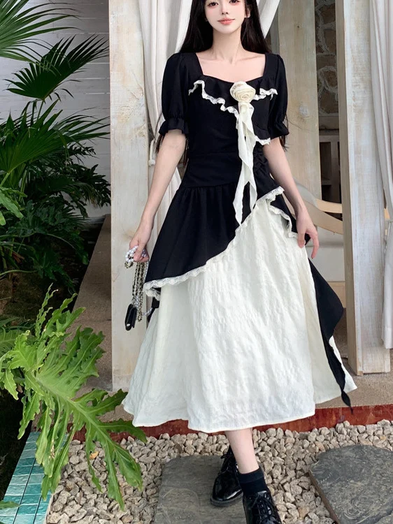 

plus Size Women's Summer New Sle Hepburn Lace Splicing Dr A-Line Long Skirt High Waist ort Sve Korean Version