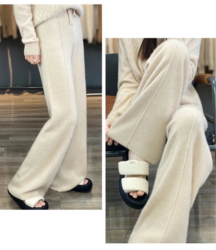 Wool Knitted Wide Leg Pants for Women in Autumn and Winter, with a Draping Feel and Straight Tube Wool Casual Woolen Pants