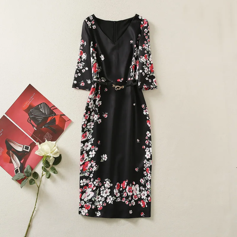 New Arrival Women Print Dress V-Neck Sheath Three Quarter Dress