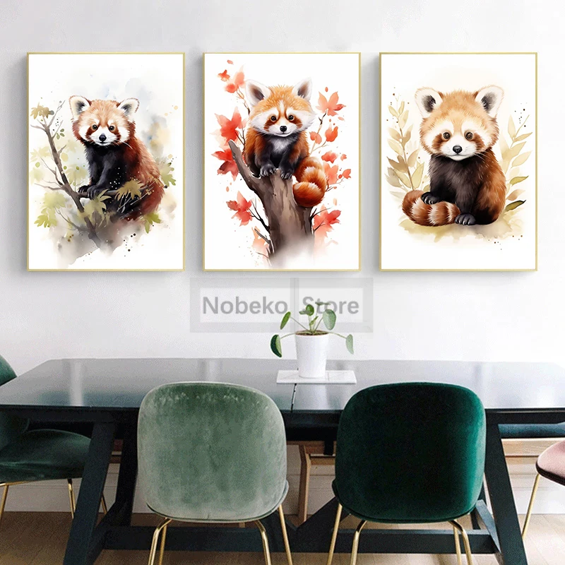 Watercolor Style Red Panda Posters Lovely Animal Lesser Panda Prints Canvas Painting Wall Art Pictures Home Room Decor Kids Gift