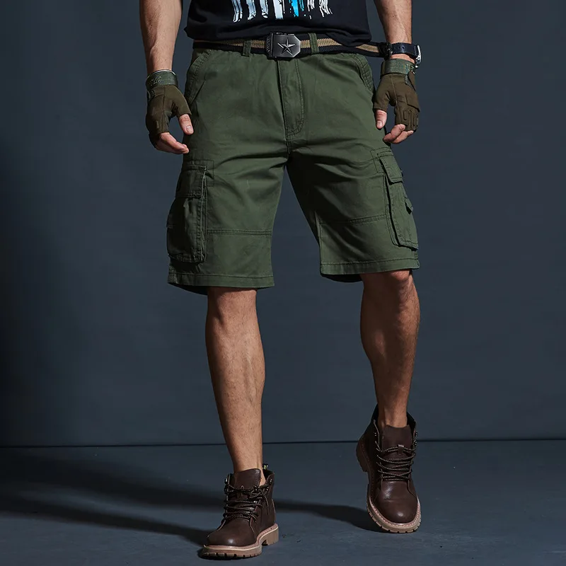 Pantalones Cortos Tácticos para Hombre, Color Verde Militar, de Algodón, con Múltiples Bolsillos, para Trabajo al Aire Libre, Estilo Bermuda, Casuales, hasta la Rodilla, para Verano