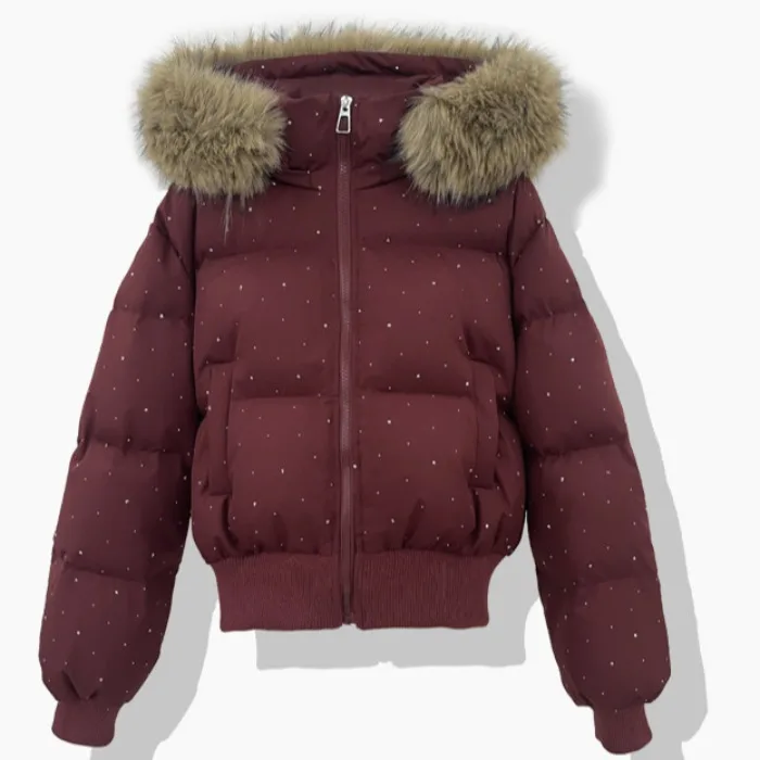 Women's Hooded Large Faux Fur Collar Sequin Decor Cropped Cotton Coat Zip Up Loose Warm Windproof Versatile Casual Padded Jacket