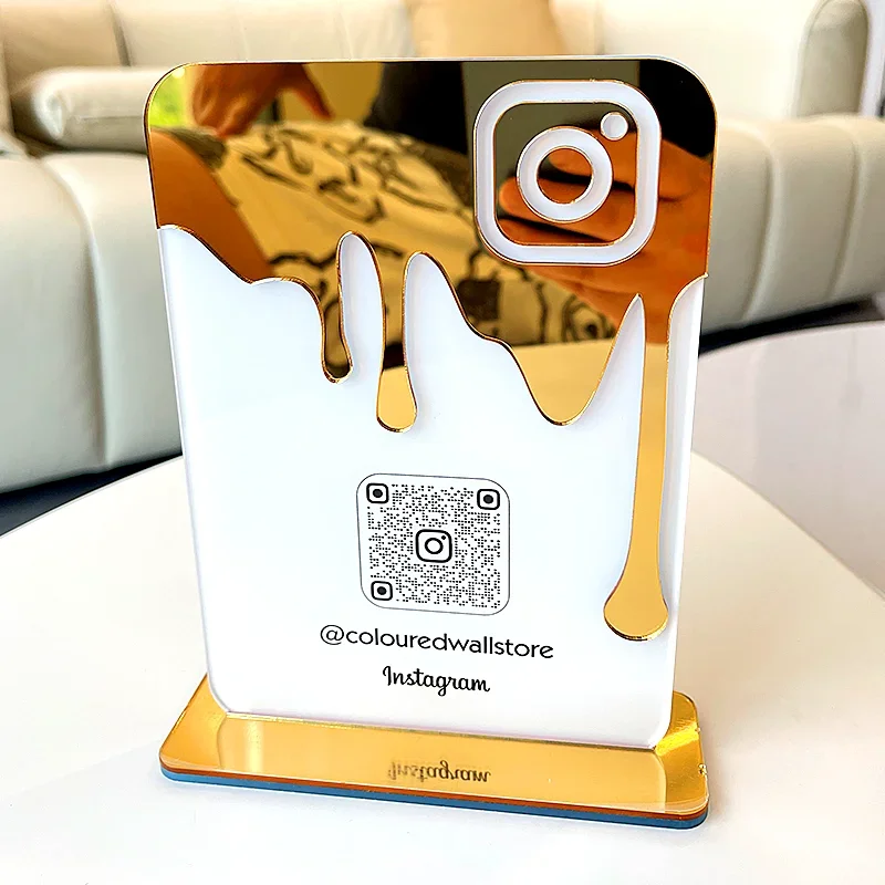 Placa comercial de sinal de mídia social, decorações acrílicas douradas personalizadas, código QR do Instagram