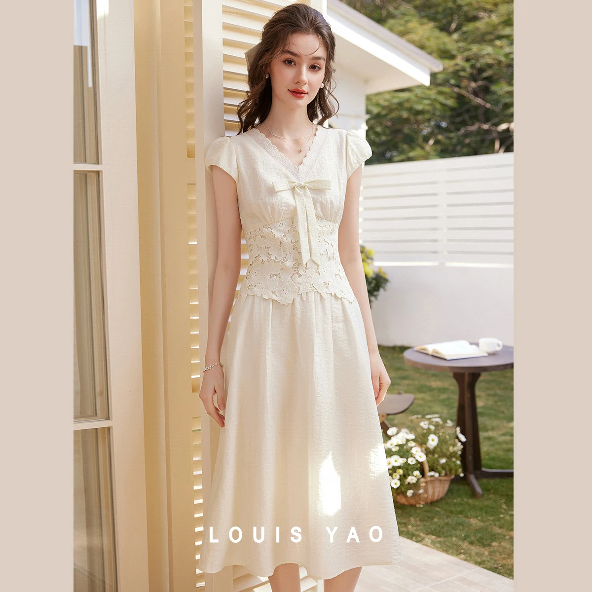 

LOUIS YAO Women Luxury Elegant Lace Trim Maxi Dress 2026 Spring Summer V Neck Bow Detail Patchwork Soft Casual Long Dress