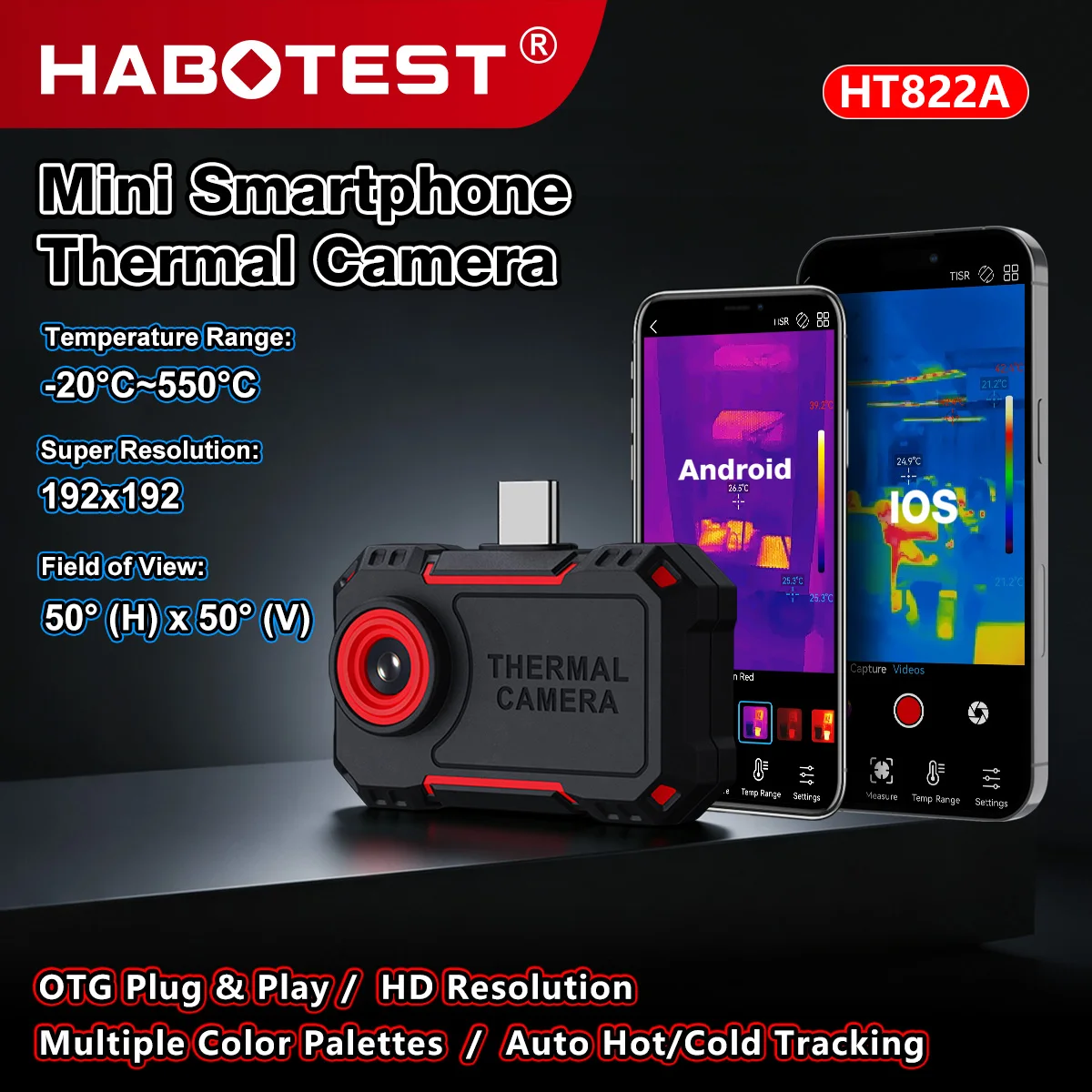 HABOTEST HT822A Smartphone Thermal Camera Type-C Infrared Thermal Imager 96x96 25Hz For Android iOS Industrial Temperature Test