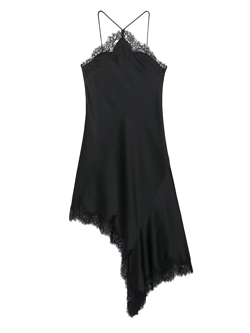 Parc Fee – Mini robe d'été en dentelle pour femmes, Patchwork, dos nu, Slim, Spaghetti, couleur unie, robe de soirée, col en v, noire