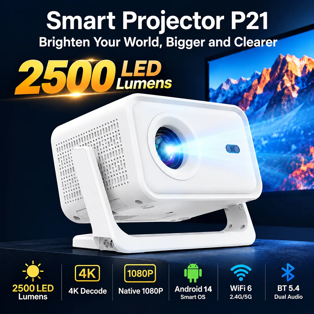 2500Lumens Smart Movie Projector 4K Decode Android 14 Native 1080P Auto Focus Auto Keystone WIFI6 BT5.0 Home Theater