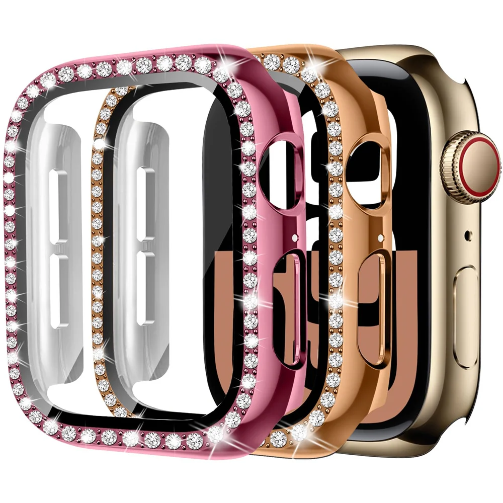 Glass+Diamond Case For Apple watch series 10 9 8 7 6 5 4 se 46mm 42mm 44mm-40-41-45mm Bling Bumper Screen Protector Accessories