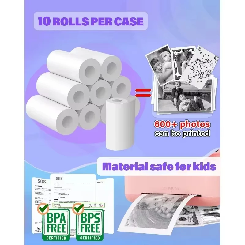 Kids Camera Instant Print Refill for Kids Instant Camera Thermal Printing BPA Free,57x25mm White Non-Adhesive Photo Print Rolls