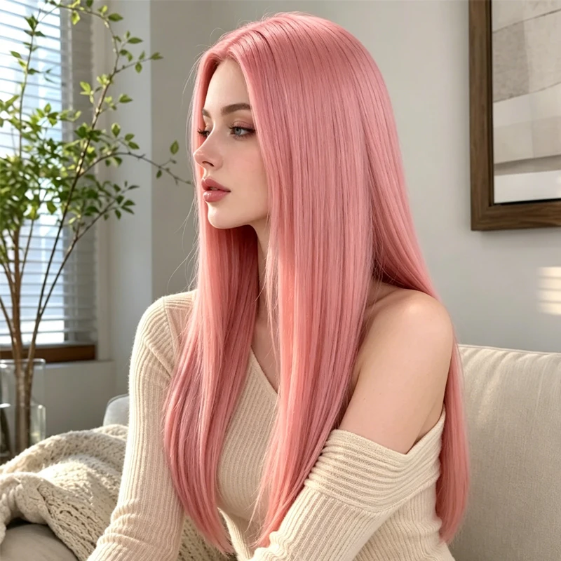 Elegant 28-inch pink long straight synthetic wig, neatly styled with a center part, creating a sophisticated look for women.