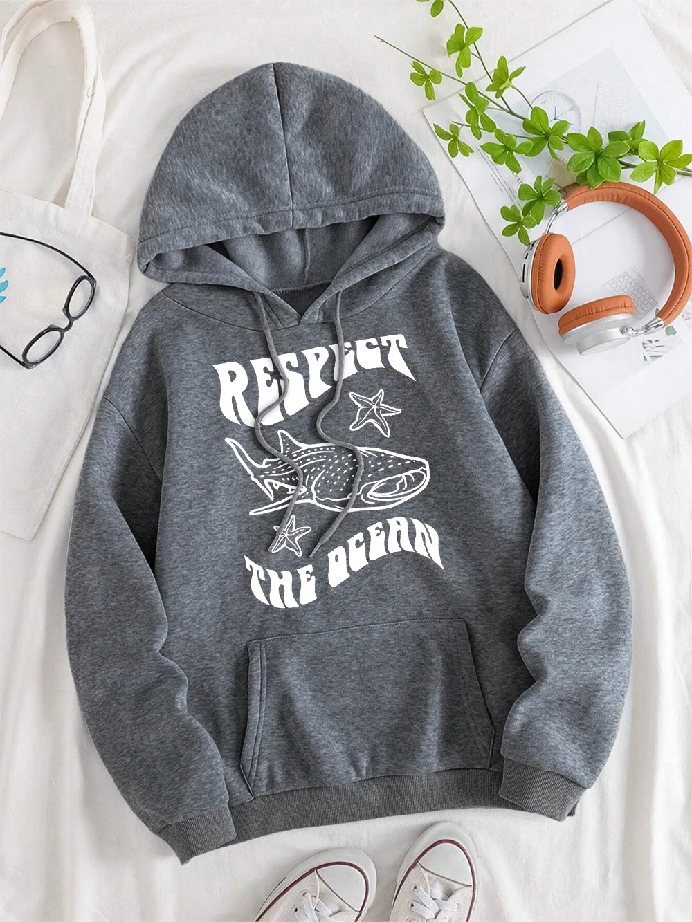 Respect The Ocean Protecting Whales Men Women Clothes Cute Warm Loose Streetwear Pocket Hoodies Pocket Fleece Sportswears Couple