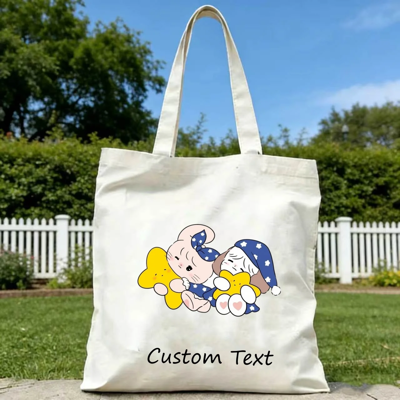 1PC Custom Text Canvas Tote Bag Cute Bunny And Girl Hugging Star Pillow Print Shoulder Reusable Shopping Handbag Women Gift
