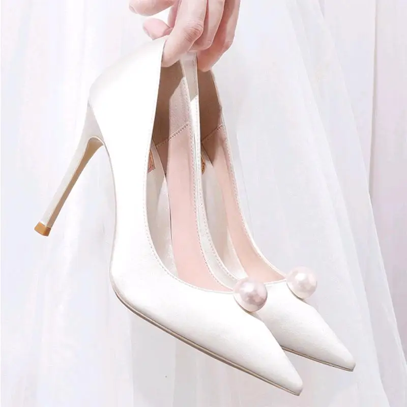 Women Pumps 2024 New Fashion Women\'s Shoes Pointed White Pearl High Heels 8cm Stiletto Red Bridal Wedding Pary Shoes