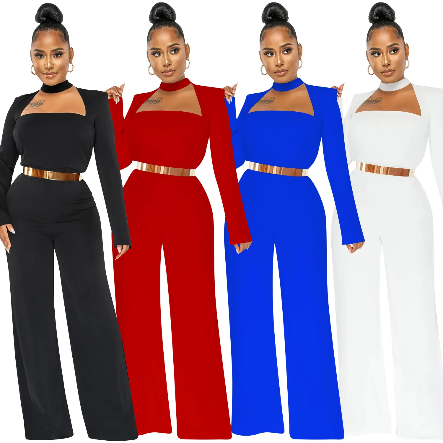 

Autumn Winter Fashion Long-sleeved Wide-leg Pants Jumpsuit for Women High Neck Hollow Out High Waist Rompers Office Lady Outfit