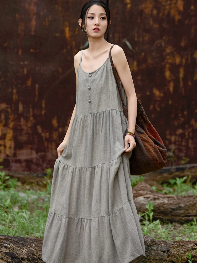 

Women Cotton Linen Holiday Dress New Arrival 2025 Summer Vintage Style Tie Dye Spaghetti Strap Loose Female Casual Dresses T611