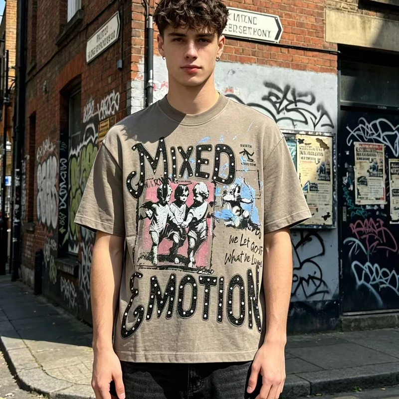 High-Street-Punk-Graffiti-Engel-Print T-Shirts für Männer, Übergroße Rote Kurzarm-Grafik-Tops, Lässige Kleidung aus Baumwolle für den Sommer – Detail 3