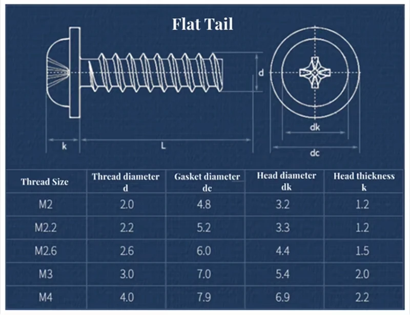 304 Stainless Steel PWB Cross Round Head Pan Head Flat Tail with Pad Self-Tapping Screw M1.7 M2 M2.2 M2.6 M3 M3.5 M4 Wood Screws