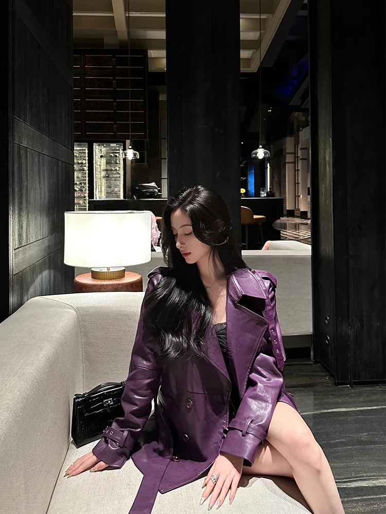 エレ パープル レザー ジャケット レディース カジュアル ハイエンド 秋冬 ヴィンテージ 多用途トップス フェイ スリ アウターウェア