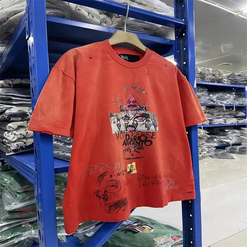Paly Hollywood Hot Drill T-shirts Men Women Washed Red Oversized Shirts
