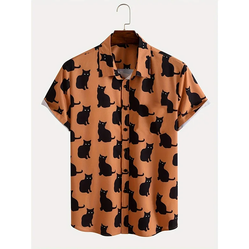 Summer Cute Cat Print Shirt Men's Casual Short Sleeve Hawaiian Casual Button Lapel Shirt For Summer Men Clothing Streetwear