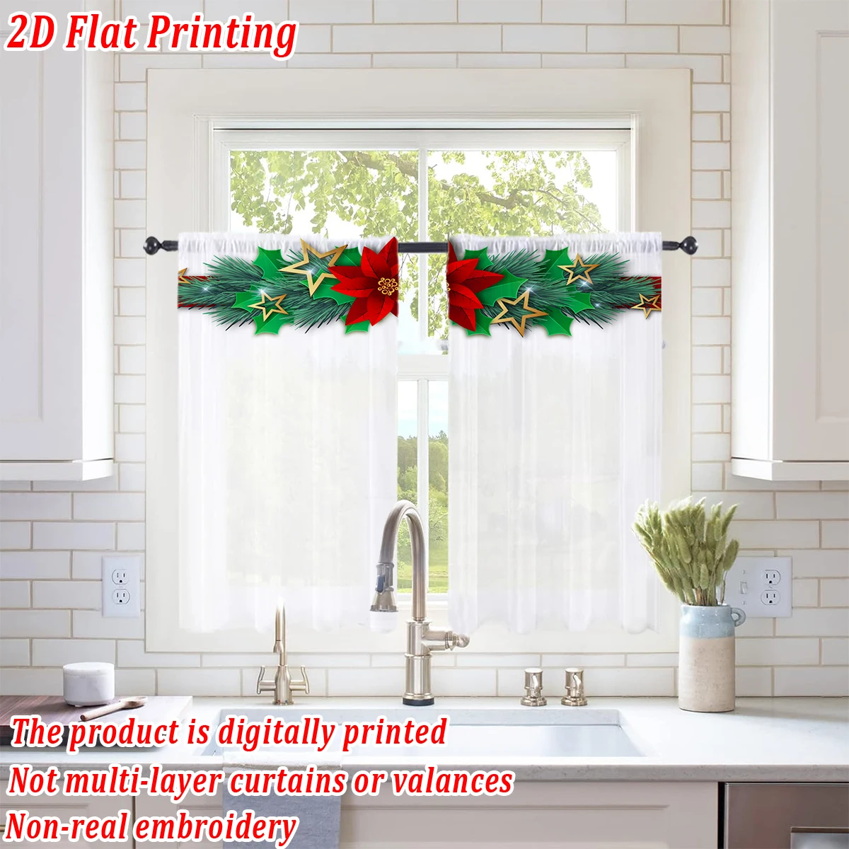 ستارة شفافة للمطبخ بطباعة مسطحة لعيد الميلاد مع برج البونسيتة لعيد الميلاد لحفلات ديكور المنزل في عيد الميلاد