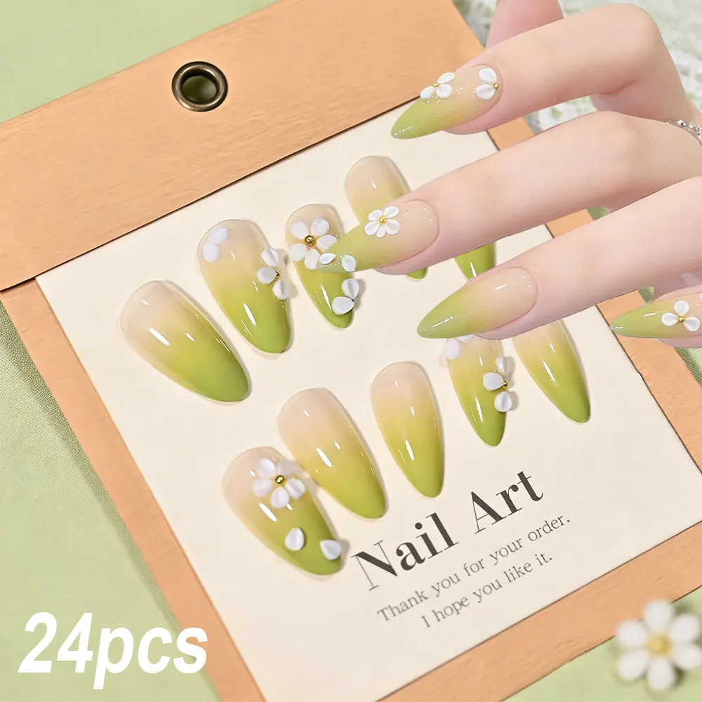 24Pcs 5D White Flower Gradient Green Press On Nails Medium Almond Spring Summer False Nails Cute Green Daily Wear False Nails D4