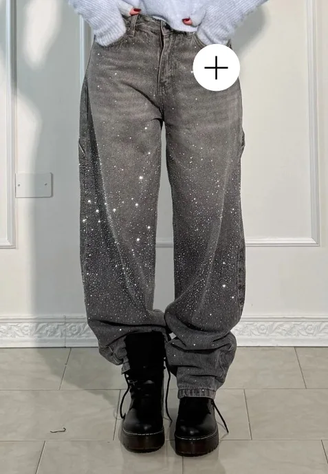 Wide Leg Lady Jeans Diamonds Denim Straigt High Waist Zipper Female Pants 2025 Fashion Pockets Street Lady Trouser