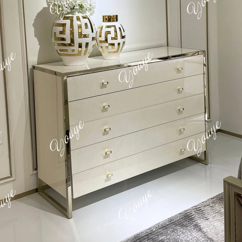 

American light luxury style chest of drawers bedroom solid wood two-color storage cabinet living room drawer style entrance