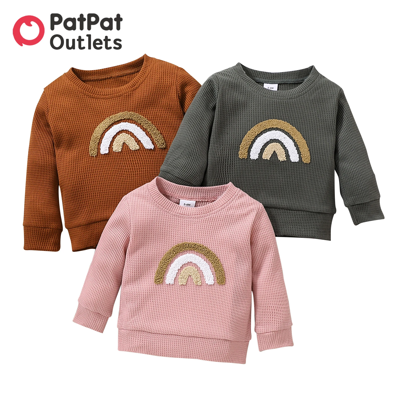 PatPat Sweatshirt New Born Baby Boys Clothing Newborn Girl Long-sleeve Sweater Autumn Rainbow Waffle Long-sleeve Pullover Hoodie