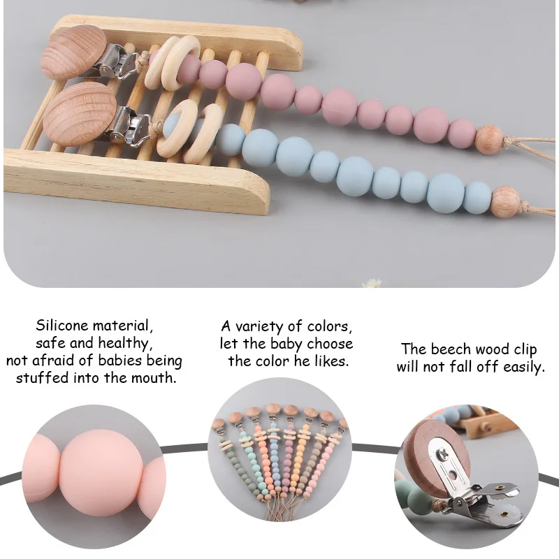 Baby Schnuller Clip Silikon Perlen Perle Dummy Ketten halter Schnuller Ketten Hemu Ring Perlen Holz klammern Baby Zahnen Kau spielzeug