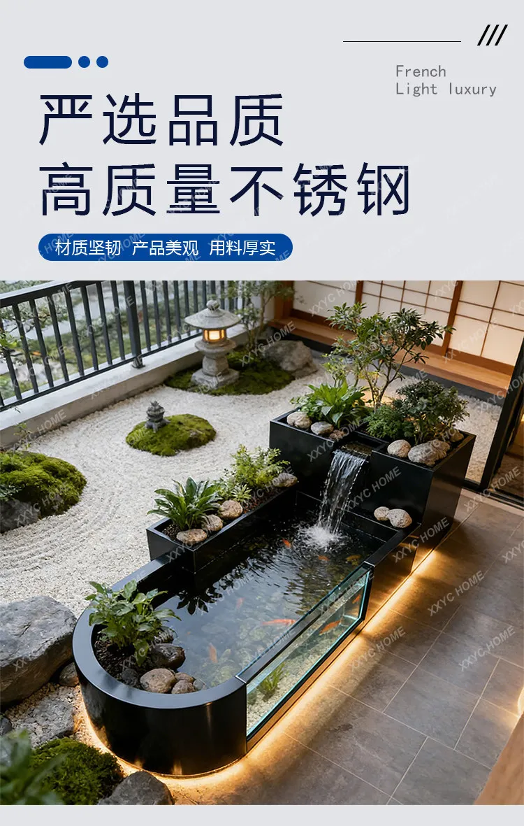 Courtyard terrace fish pond waterfall fountain flowing water ornament metal balcony stainless steel fish tank