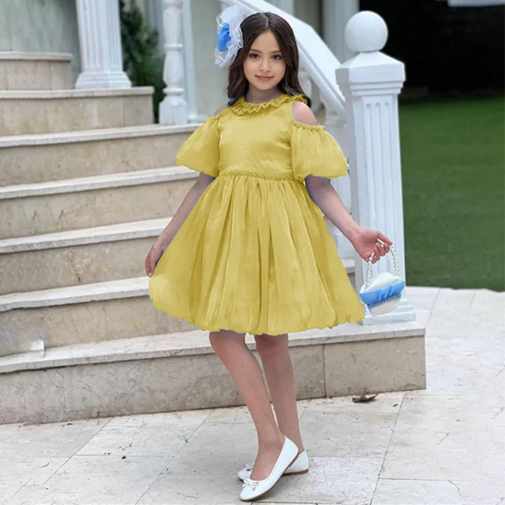 Robe de luxe à perles pour filles, épaules dénudées, manches courtes bouffantes, ligne A, robe à fleurs pour fête de mariage, longueur aux genoux, robe de première Communion, nouvelle collection