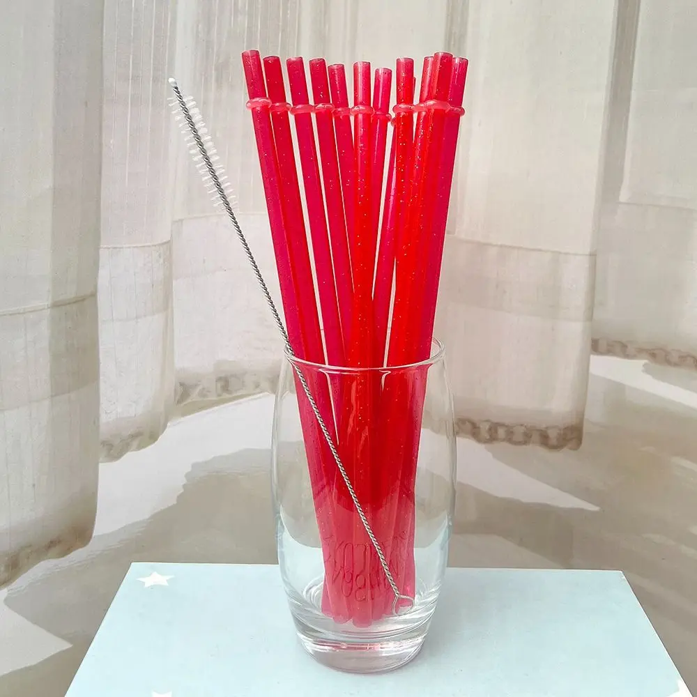 

12+1 Reusable Gold Powder Plastic Straw Car Travel Cup Straw Portable Milk Tea Coffee Straw with Cleaning Brush Cup Accessories