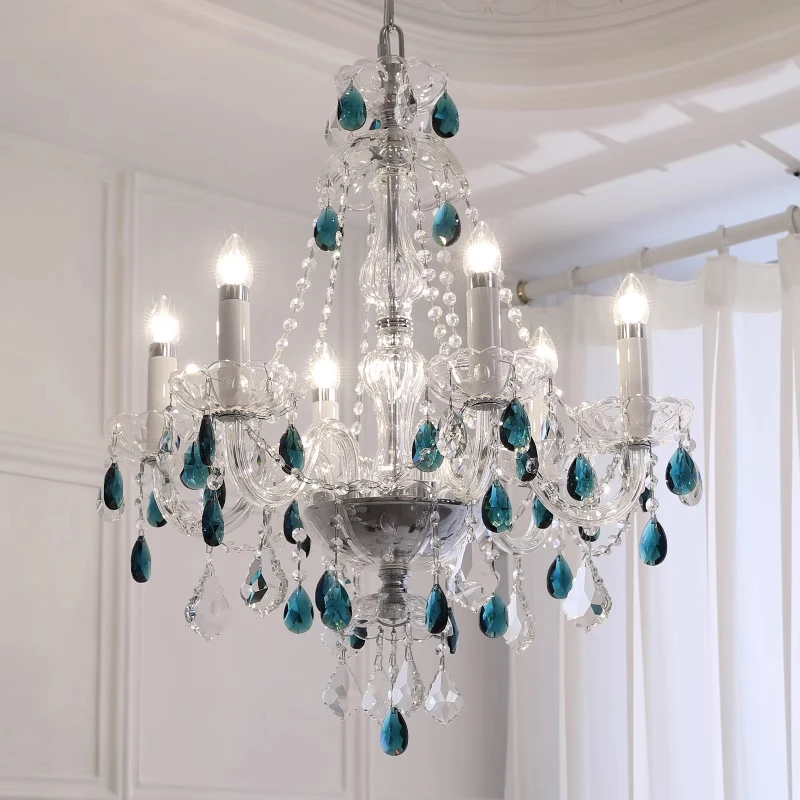 

European Blue Crystal Candle Chandeliers Luxury Glass Living Room Art Decor E14 Pendant Lights Lighting Bedroom Lamps Fixtures