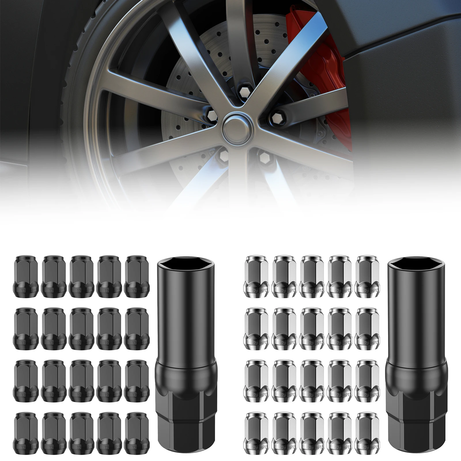 Hot 20Pcs Car Wheel Lug Nuts 12mm Cold Forged Steel Black Thread Wheel Lug Nuts Set with 1 Socket Rustproof Sturdy Car Wheel Lug