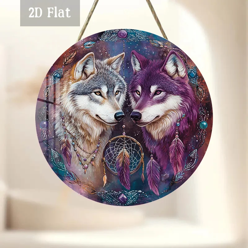 2D Flat, 1pc Dual Wolf Wood Panel Painting, Dreamcatcher Wood Panel Painting, Synthetic Gemstonestone Round Wooden Decoration, F