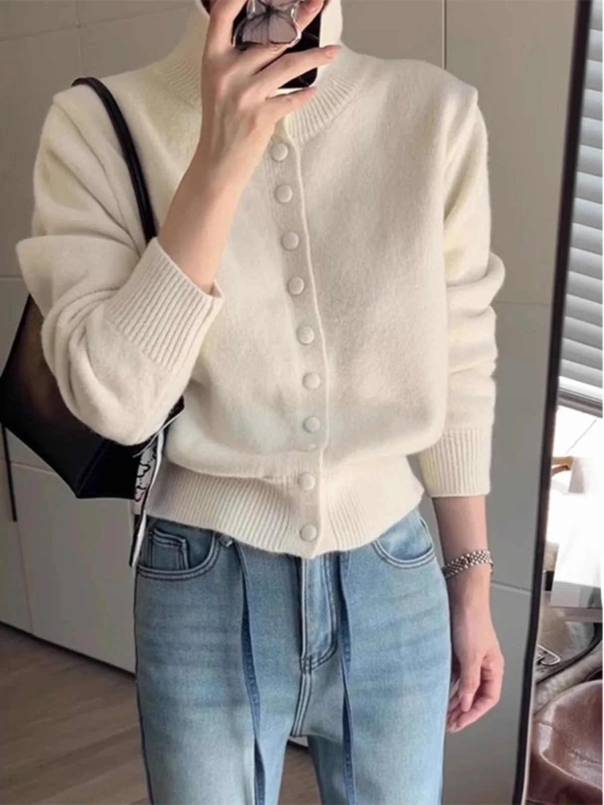 

Женский свободный вязаный открытый кардиган с высоким воротником, свитер на осень-зиму, мягкий пушистый топ с откидным воротником на одной пуговице, милый топ