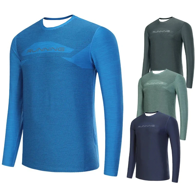 Langärmliges Lauf-T-Shirt für Herren, schnell trocknendes Innenshirt mit Jogging-Print, Outdoor-Stretch-Trainings-Sport-T-Shirt, kurzärmelig