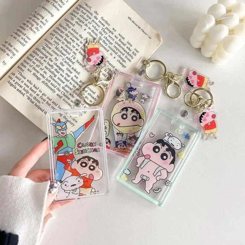 Kawaii Crayon Shin-Chans Nohara Shiros Card Holder Transparent Campus Anti Loss Acrylic Card Cover Keychain Bag Pendant For Girl