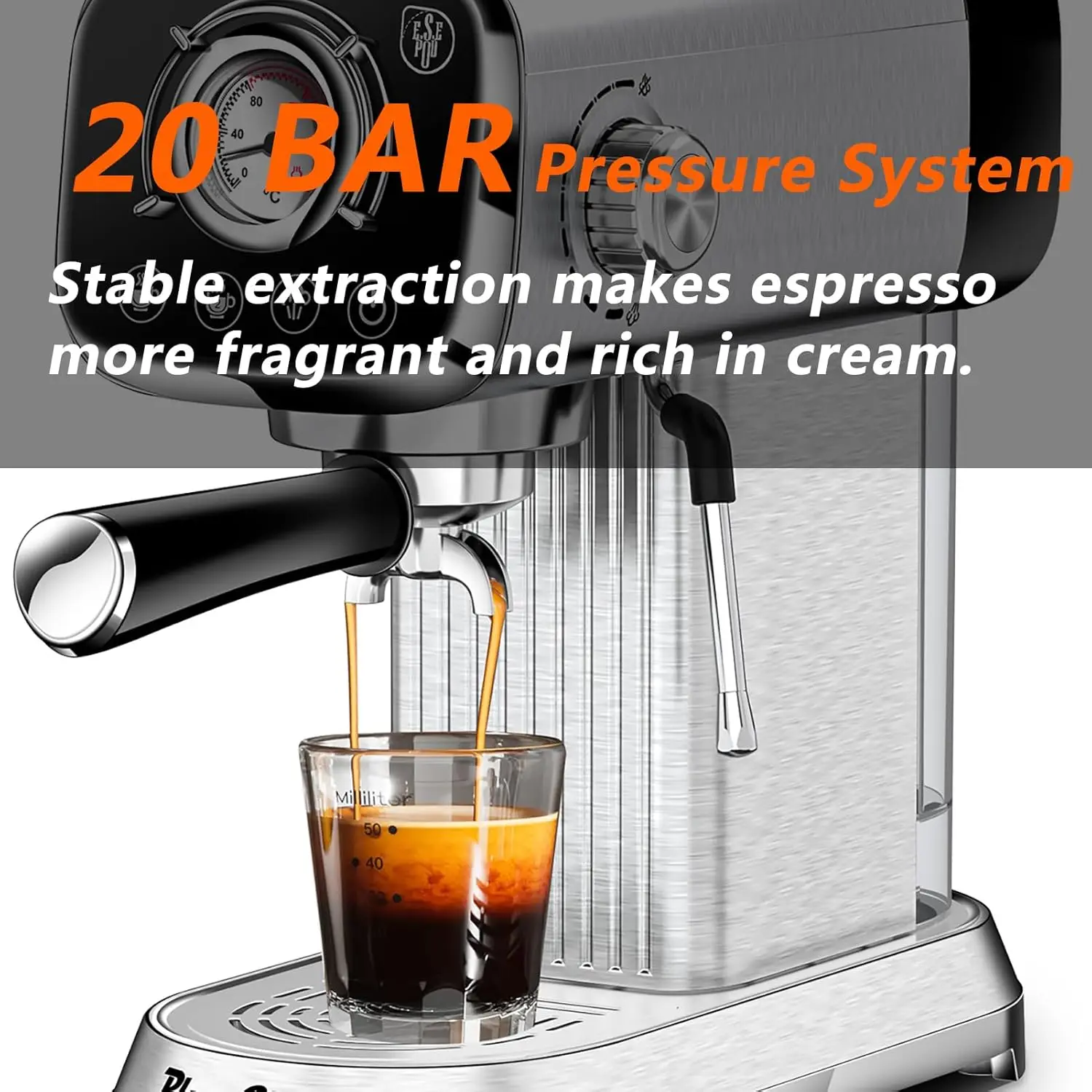 Machine 20 Bar Professional Compact Household Coffee Espresso Maker with Milk Steam Wand Temperature Gauge  Water Tank Low Noise