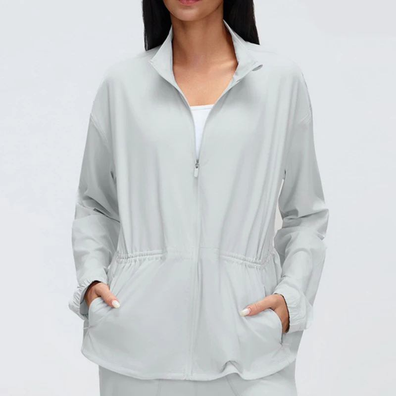 

Women Stand Collar Sports Jacket, Loose Thin Drawstring Design, Anti UV Yoga Sweatshirt, Casual Fitness Running Top for Summer