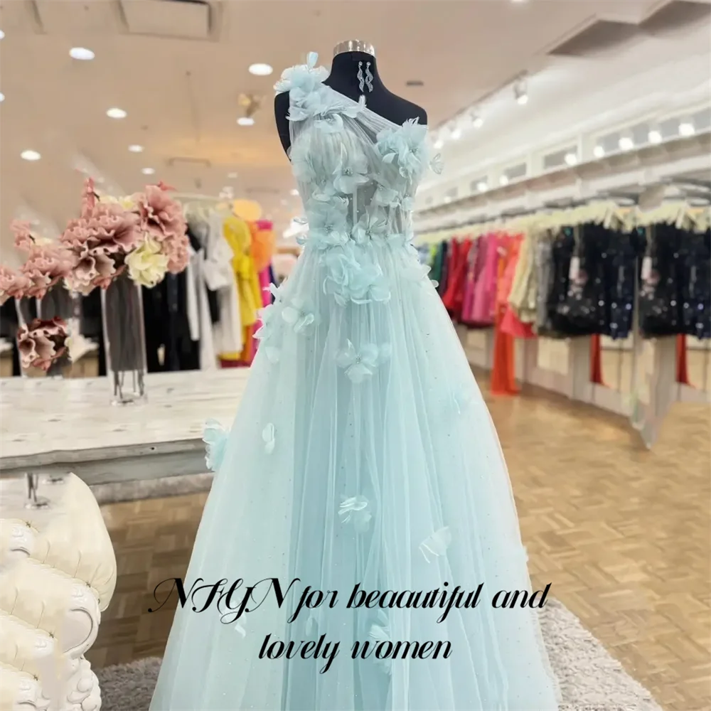 

NFYN Light Blue A Line 프롬 드레 One Shoulder Prom Gown Romantic Tulle Party Dresses with 3D Floral for Formal Event Customized
