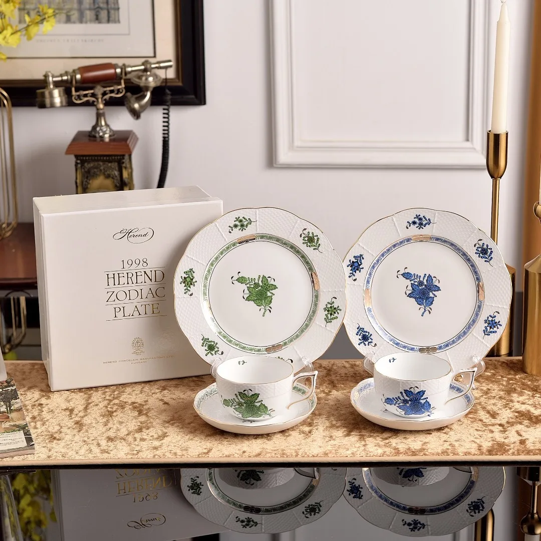 

Hungarian Floral Aponey Style Hard Porcelain Coffee Cup Saucer Plate Set With Gold Trim Fine Tea Ware Housewarming Gift
