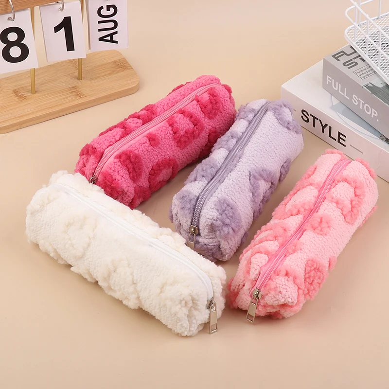 Plush Makeup Bags With Handle Soft Travel Cosmetic Storage Bag Portable Love Print Organizer Pencil Case Cute Clutch Pouch