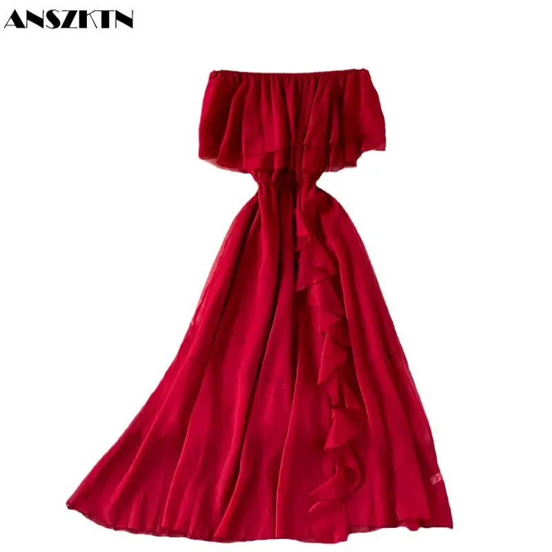 ANSZKTN Strapless Chiffon Summer Ruffle Elegant Casual Dress