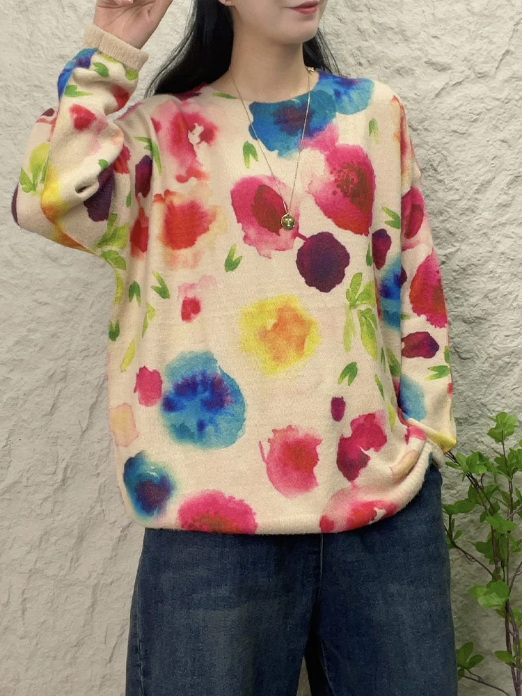 Amax luluE 2025 سترات نسائية شتوية مطبوعة فضفاضة دافئة سترات نسائية فاخرة كبيرة الحجم برقبة دائرية ملابس تريكو غير رسمية