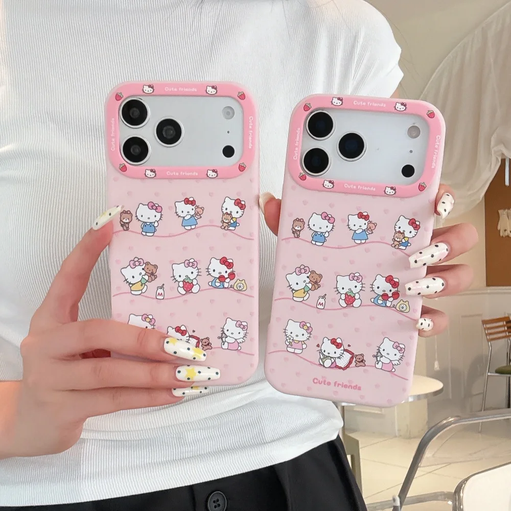 Korean Cute Cartoon Silicone Pink Sanrio Full Screen KT Phone Case For iPhone 17 16 15 Pro Max Shockproof Protective Soft Cover
